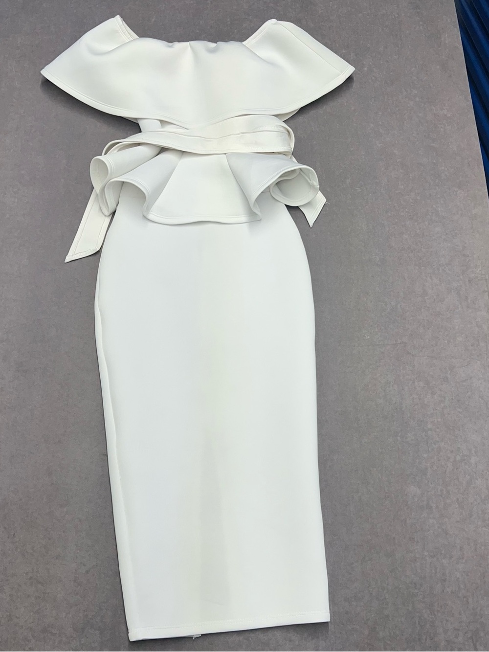Off-Shoulder White High-Low Dress with Ruffle Waist Tie